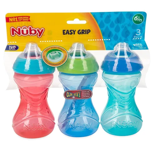 Vista 9 de Nuby Clik-It - Vaso para sorber de fácil agarre sin derrames y boquilla suave para niños, paquete de 3, 10 onzas, 6 meses en adelante