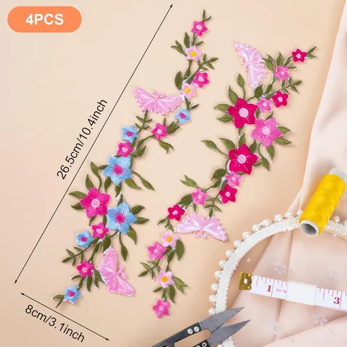 Vista 2 de CHANZET - Parches bordados de flores para planchar, 4 piezas, parches bordados de flores de mariposa, parches bordados con apliques florales