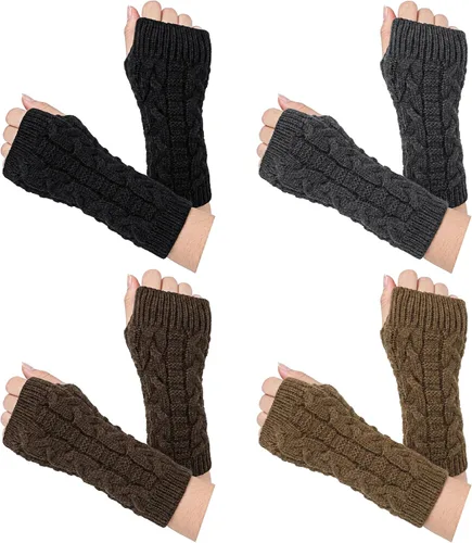 Vista 8 de Loritta Guantes sin dedos para mujer, calentadores de brazos con orificio para el pulgar de invierno de punto y ganchillo A1-beige/gris claro/gris