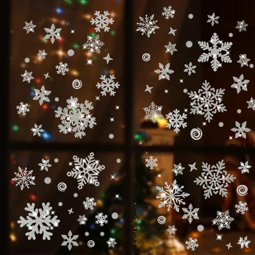 Vista 5 de 222 calcomanías de ventana de copo de nieve con purpurina plateada, adhesivos reutilizables de Navidad, decoraciones de ventana de Navidad