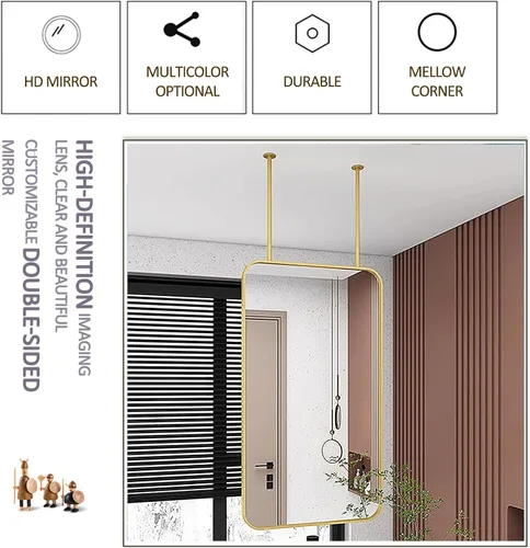 Vista 9 de Espejos de baño, espejo de barra colgante para montaje en techo, marco de metal dorado, espejo decorativo de pared para el hogar o hotel, vestidores