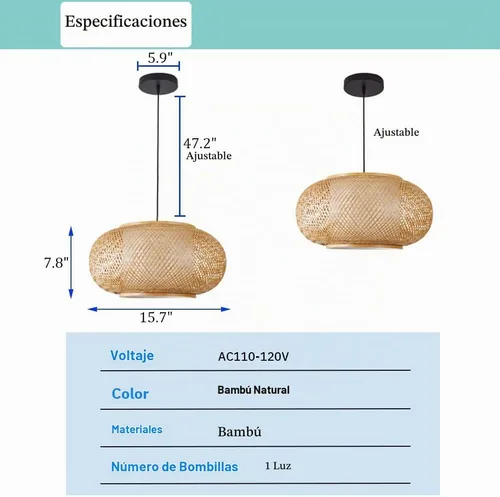 Vista 7 de Lámpara colgante de bambú rústica, luz colgante de tejido de cesta de 38 cm.