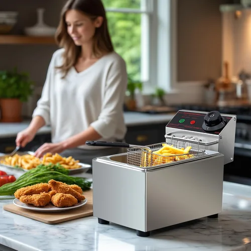Vista 4 de Freidora de acero inoxidable – Freidora eléctrica de estilo comercial de 6.3 cuartos de galón con termostato ajustable, calentamiento rápido y cesta
