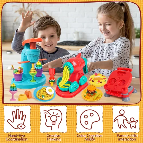 Vista 7 de Juego de Masa Colorida 3 en 1 para Niños de 3 a 8 años, Kit de Accesorios para Masa, Set de Helado, Fideos, Hamburguesa, Creaciones de Cocina