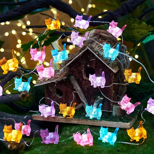 Vista 5 de Cadena de luces de gatos Kawaii Deco Kitty Fairy Luces decorativas de 10 pies 30LED, alimentadas por batería, iluminación novedosa para exteriores