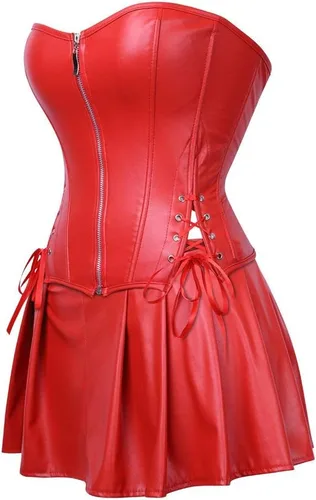 Vista 2 de Blidece - Corsé de piel sintética estilo steampunk para mujer, set de corsé estilo retro gótico con falda