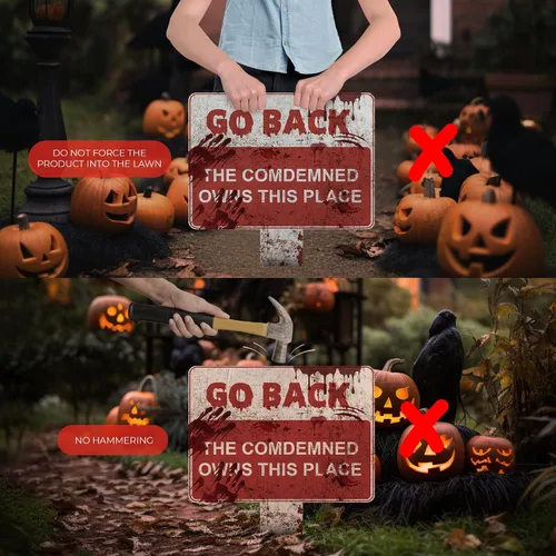 Vista 5 de Letrero de decoración de Halloween aterrador para exteriores con texto en inglés "I Choose Between Multiple Creepy Beware" opciones