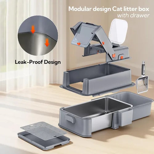 Vista 8 de Soulbond Caja de arena de acero inoxidable para gatos con tapa, caja de arena de metal grande cerrada con cajón y puerta abatible para gatos