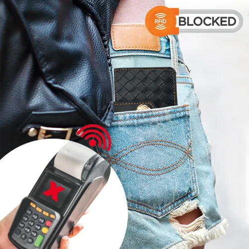 Vista 6 de Cartera con llavero de pulsera, cartera de cuero con correa de pulsera, bolsillo delgado RFID para tarjetas de crédito con cordón, Negro -, Plegable