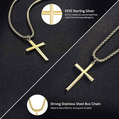 Vista 3 de FANCIME Cross Necklace for Men Sterling Silver Cross Necklaces High Polished Gift For Men, Stainless Steel Box Chain Length 24 Inch Oro pulido