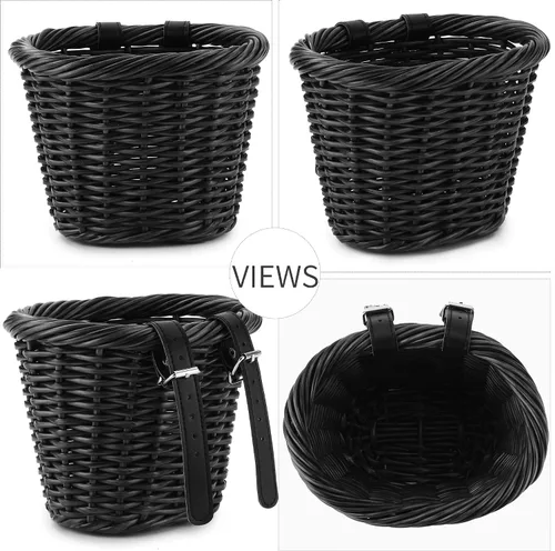 Vista 4 de Cesta de bicicleta para niñas, accesorios de bicicleta delantera, pequeña cesta de mimbre tejida con manillar serpentinas, campana para niños de 16