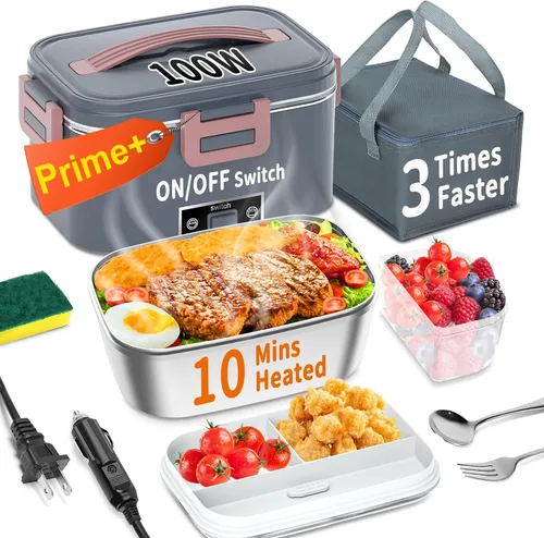 Vista 11 de Lonchera eléctrica térmica para adultos con 2 envases de 1.8L, interruptor de encendido/apagado de alimentación y 0.6L de doble capa, calentador