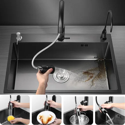 Vista 3 de ARTLINE Fregadero de cocina negro, fregadero de un solo cuenco de acero inoxidable, fregadero de estación de trabajo de caída/montaje superior