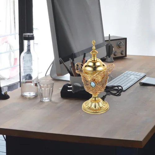 Vista 3 de Quemador de incienso eléctrico de metal, estilo de Oriente Medio, incensario eléctrico de mesa para hogar, oficina, yoga, spa, decoración de Dorado