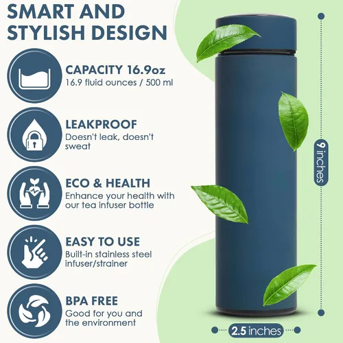 Vista 2 de AVARO Termo para todas las bebidas, taza de té de acero inoxidable de 16.9 onzas con infusor de té corto, botella de agua aislada de doble pared