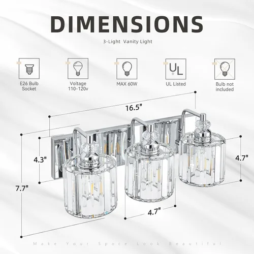 Vista 3 de Accesorio de Iluminación de Baño Moderno de 3 Luces Cromado Luces de Tocador de Baño Sobre Espejo Aplique de Pared con Pantallas de Cristal K9 Base