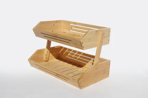 Vista 8 de Cesta de frutas de bambú de 2 niveles para encimera de cocina con ganchos para colgar plátanos, soporte de fruta de madera para encimera de cocina
