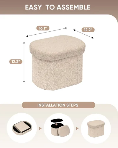 Vista 3 de B FSOBEIIALEO Otomana de Almacenamiento para Dormitorio, Reposapiés Otomano Plegable de Almacenamiento Boucle, Cubo Otomano Plegable Pequeño de Beige