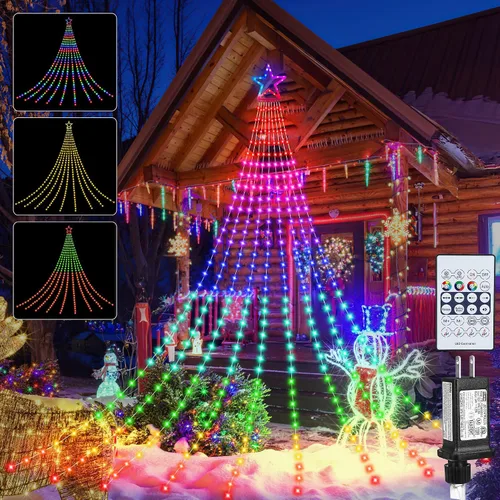 Vista 11 de Luces de Cadena de Estrella de Navidad, 320 Luces LED de Cascada para Árbol con Estrella Superior de 13", 8 Modos de Iluminación para Interiores