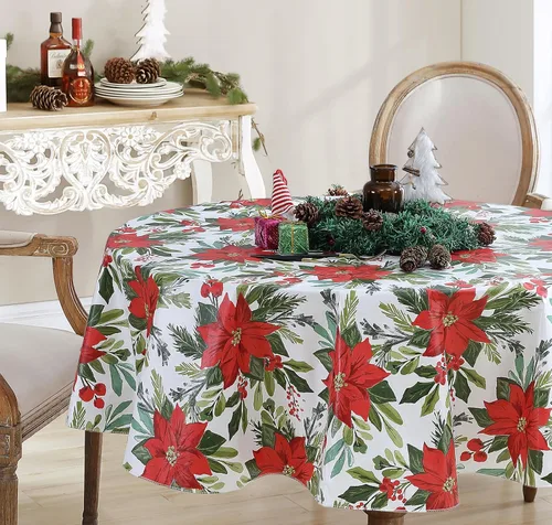 Vista 8 de Newbridge Poinsettia Flourish - Mantel de vinilo navideño de Pascua con respaldo de franela, cubierta de mesa festiva contemporánea de Pascua roja