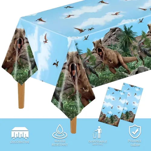 Vista 10 de 2 manteles de fiesta de dinosaurios de 54 x 108 pulgadas, desechables, de plástico, con estampado de dinosaurios, para niños, decoración