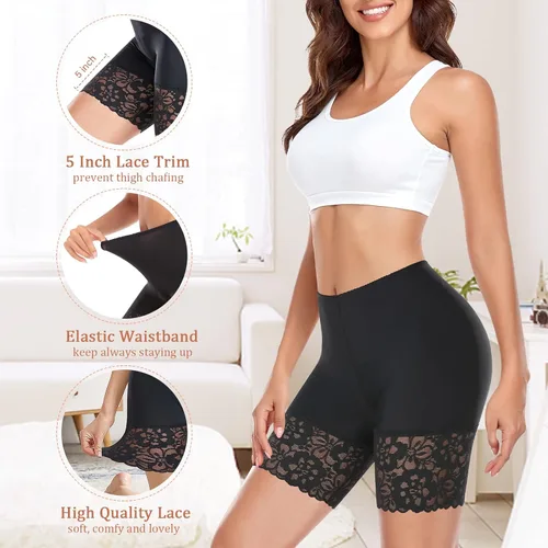 Vista 4 de Pantalones cortos para debajo de los vestidos, ropa interior antirozaduras, sin costuras, pantalones cortos de encaje debajo de los pantalones cortos