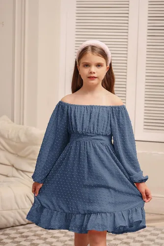 Vista 3 de GRACE KARIN Vestido escalonado con volantes para niñas, vestido acampanado de manga larga con lunares suizos, 6-14 años