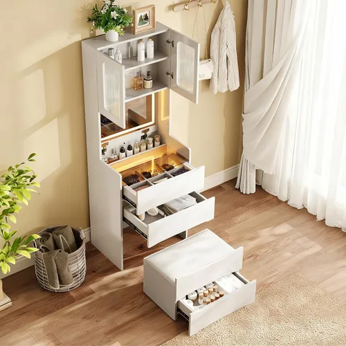 Vista 12 de Runboll 3 in 1 Small Vanity Desk with Open Top Mirror, Small Dressing Table with Visible Glass Desktop, Compact Makeup Vanity with 3 Drawers