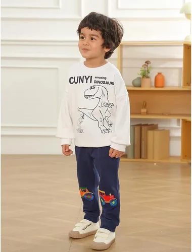 Vista 5 de GFQLONG Paquete de 3 pantalones deportivos elásticos con cordón para bebé, de algodón, dinosaurio, con bolsillos