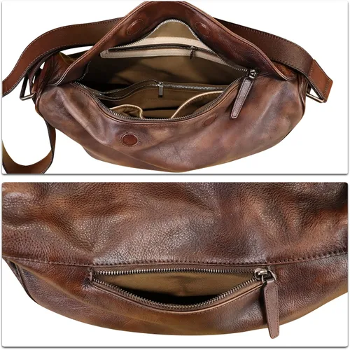 Vista 7 de Bolso bandolera de cuero genuino, mochila casual vintage hecha a mano para senderismo, bolso de hombro para motocicleta, bolso de hombro