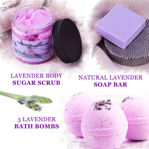 Vista 4 de Cesta de regalo para mujer, juego de regalo de lavanda orgánica, baño y cuerpo en casa, kit de spa, vela de cera de soja, sal de baño de aceite