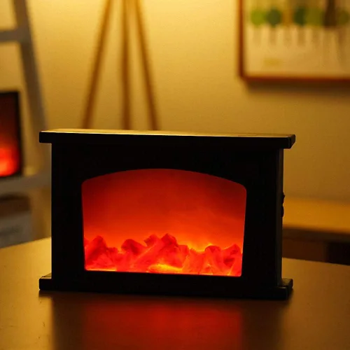 Vista 15 de Farol de chimenea pequeño y acogedor tradicional realista con efecto de llama de leña, luz LED, estilo carbón, lámpara de mesa