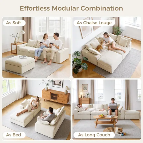 Vista 7 de Sofá modular de nube sin hueso en forma de L de 120 pulgadas, sofá modular con otomana Beige