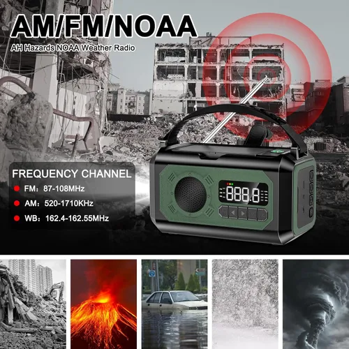 Vista 3 de Radio de emergencia de 12000 mAh, radio portátil de alerta meteorológica AM/FM/NOAA, manivela con linterna, lámpara de lectura, alarma SOS, cargador