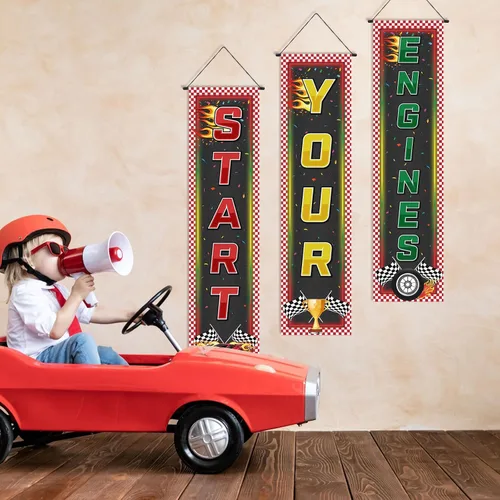 Vista 5 de Tiamon 3 pancartas para fanáticos de las carreras, decoración de cumpleaños de coches de carreras, bandera colgante a cuadros, bandera de camión