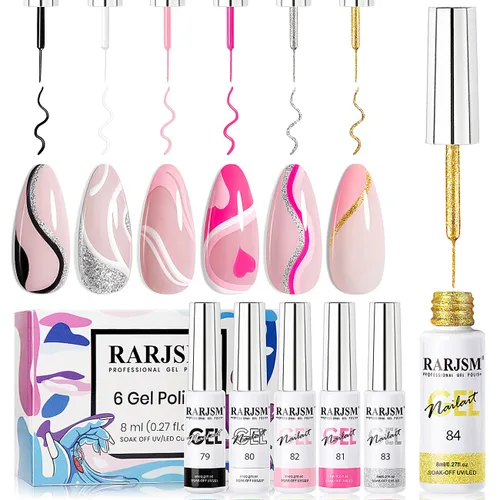 Vista 10 de RARJSM Juego de esmaltes de uñas de gel de pintura metálica, negro, plateado, dorado, verde, rosa, negro, brillantina, efecto platino, 6 piezas, Set