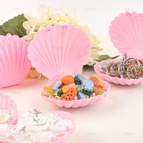 Vista 6 de AUEAR, Paquete de 15 cajas de dulces de conchas marinas rosadas de plástico para boda, mini caja de almacenamiento de conchas marinas