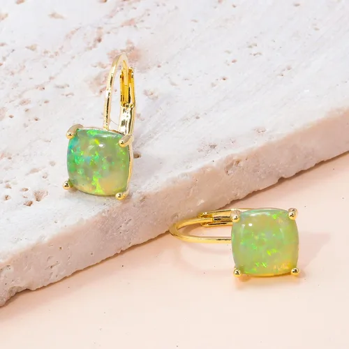 Vista 3 de CiNily Aretes colgantes para mujeres y niñas, hipoalergénicos, chapados en oro de 14 quilates, aretes con dije cuadrado de ópalo, aretes de palanca