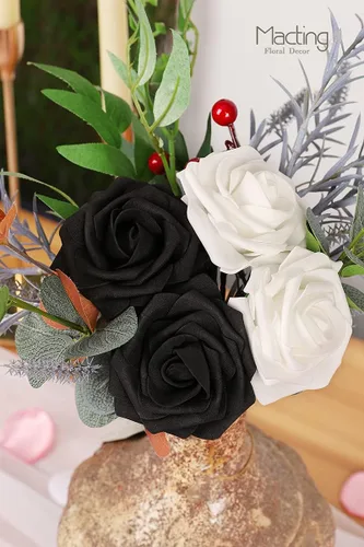 Vista 3 de MACTING 30 PCS Flores Artificiales Rosas Negras y Blancas Flores Falsas con Tallo Rosas de Espuma de Tacto Real para Boda Bola de Besos Ramillete