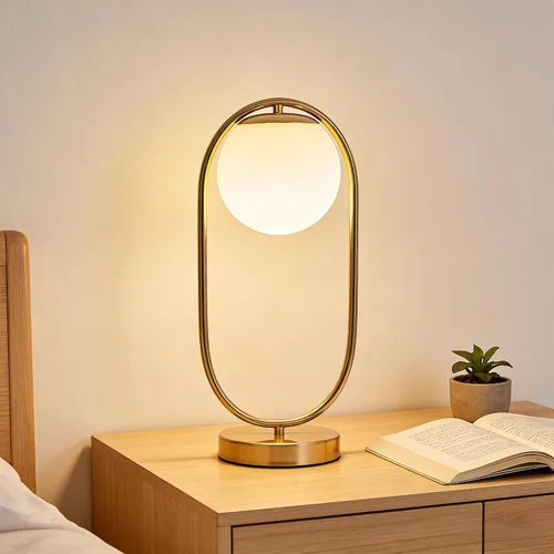 Vista 2 de Lámpara de mesa moderna de mediados de siglo con pantalla de vidrio blanco, lámpara de mesa pequeña dorada para mesita de noche, dormitorio, sala