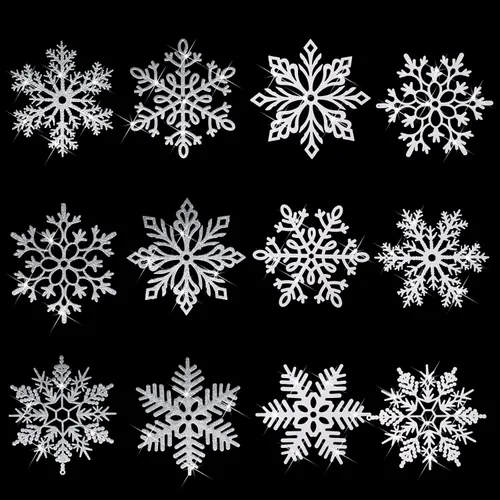 Vista 12 de Sratte 24 adornos de copo de nieve grandes de 16 pulgadas, copos de nieve colgantes decorativos con purpurina gigante, 6 diseños de adornos