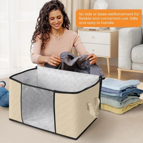 Vista 3 de Fab totes Paquete de 3 bolsas de almacenamiento plegables de tela gruesa, contenedores para organizar dormitorio, armario, ropa, edredón, Beige