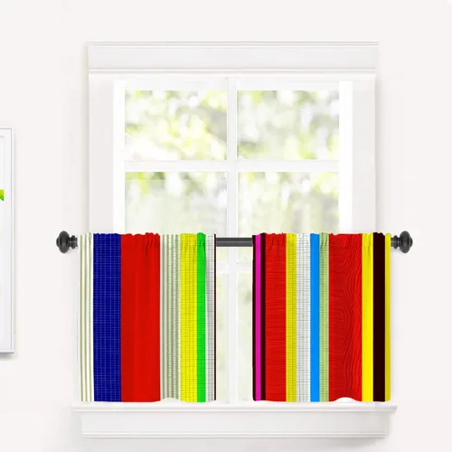 Vista 39 de Cortinas de cocina de hojas de arce otoñales para ventanas, hojas verdes y rojas sobre cenefas opacas negras, tratamientos de ventana de poliéster