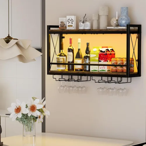 Vista 4 de Shikha - Estante de vino LED montado en la pared con soporte para vidrio Marrón rústico