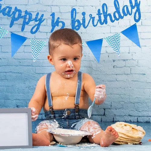 Vista 5 de Skylety Decoraciones de 1/2 de mitad de cumpleaños, traje de 6 meses, pancarta de bebé, decoración de cupcakes, bandera triangular, globos de Azul