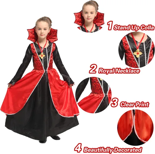 Vista 5 de Ditard Girls Halloween Vampire Costume Vampiress Dress Deluxe Outfits Kids Dress Up Cosplay Child Queen Party Carnival