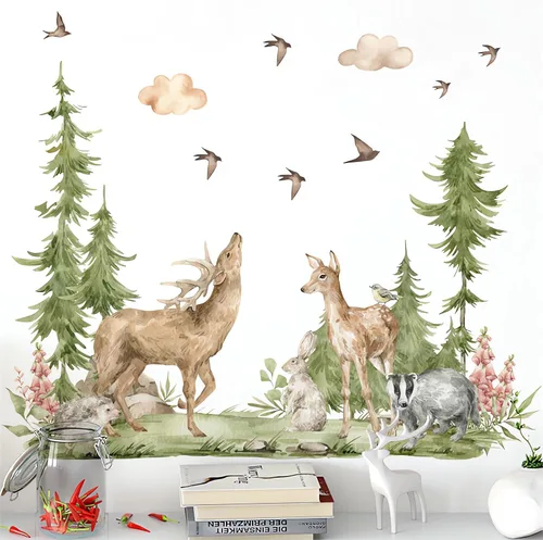 Vista 2 de Calcomanías de pared grandes de alce sika con alce de bosque, selva tropical, selva tropical, animales de selva, conejo, tejón, erizos, vinilo