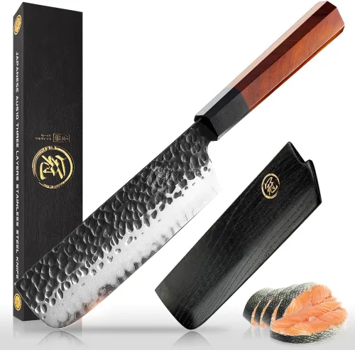 Vista 12 de GRAND SHARP Cuchillo de chef japonés Santoku de 5 pulgadas, cuchillo de cocina de acero inoxidable de alto carbono AUS10 de 3 capas, cuchillos