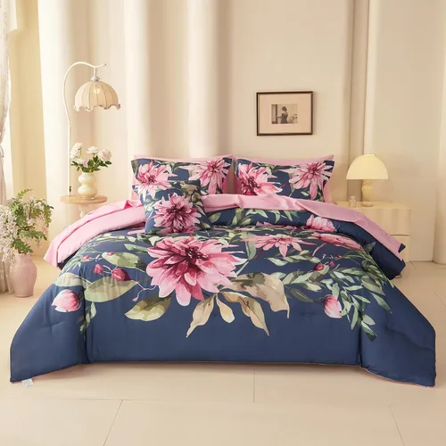 Vista 20 de Koniroom 6-Piece Pink Comforter Set Twin Size - Reversible Beige White Flower Bed in a Bag with Sheets, Pillowcases, Shams, and Decorative Pillow