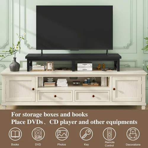 Vista 7 de IBUYKE Elevador de TV grande de 45" para TV de 32-60 pulgadas, Soporte de TV corto de sobremesa con almacenamiento y patas de acero, Escritorio